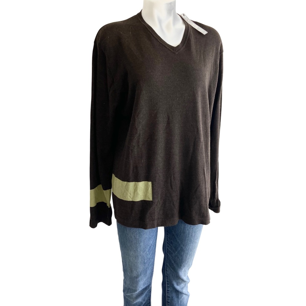 DKNY Womens Wool V-Neck Sweater Bark Brown Lime Green Stripe Retro Size L